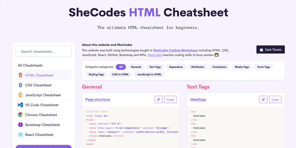 SheCodes HTML Cheatsheet