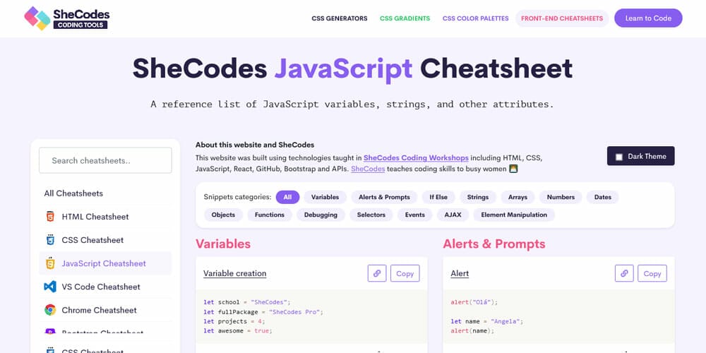 SheCodes-JavaScript-Cheatsheet