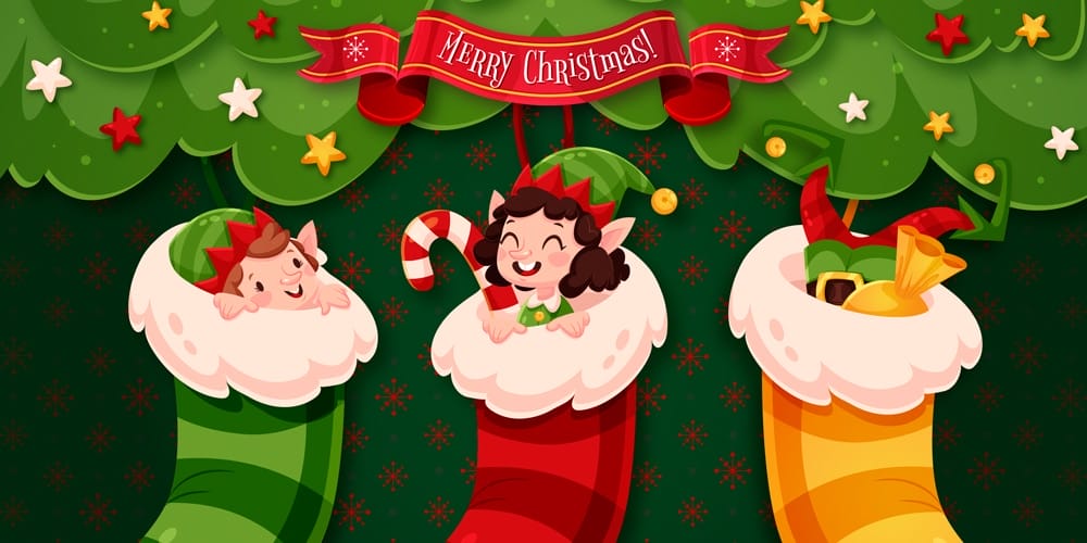 Elf Christmas stockings card illustration