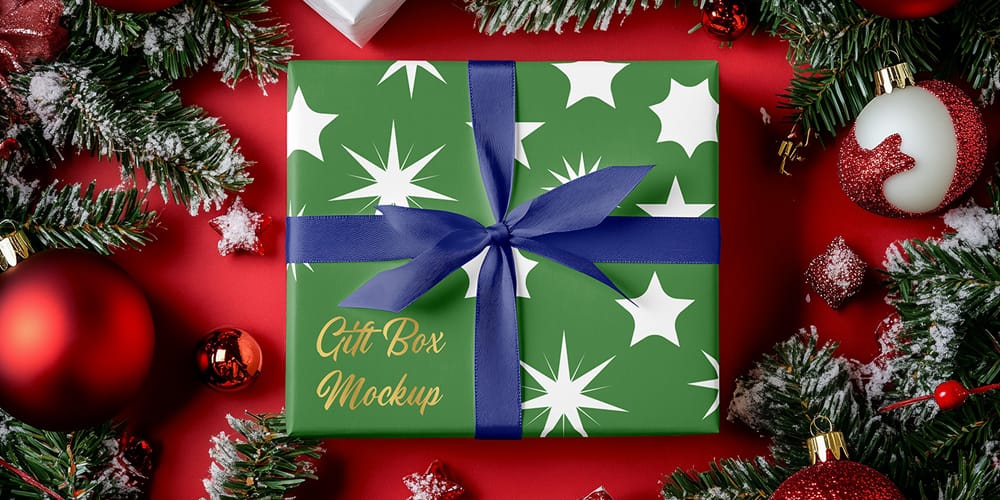 Free Wrapped Christmas Gift Box Mockup