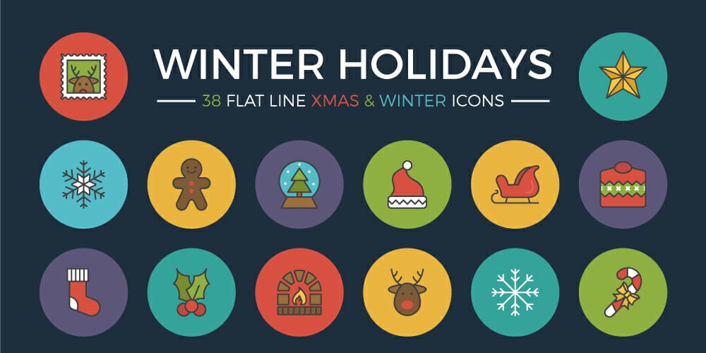 Winter Holidays Flat Line Icons