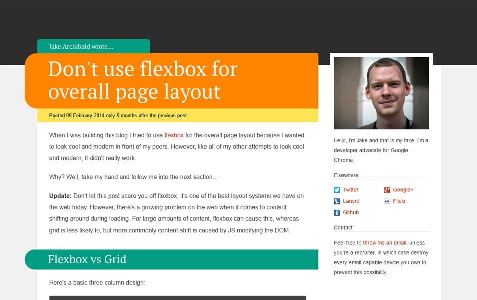 Don't use flexbox for overall page layout