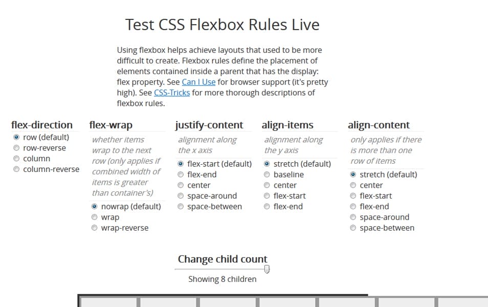 CSS Flexbox Resources - Tutorials, Tools, Grid & Generators 60 Test CSS Flexbox Rules Live