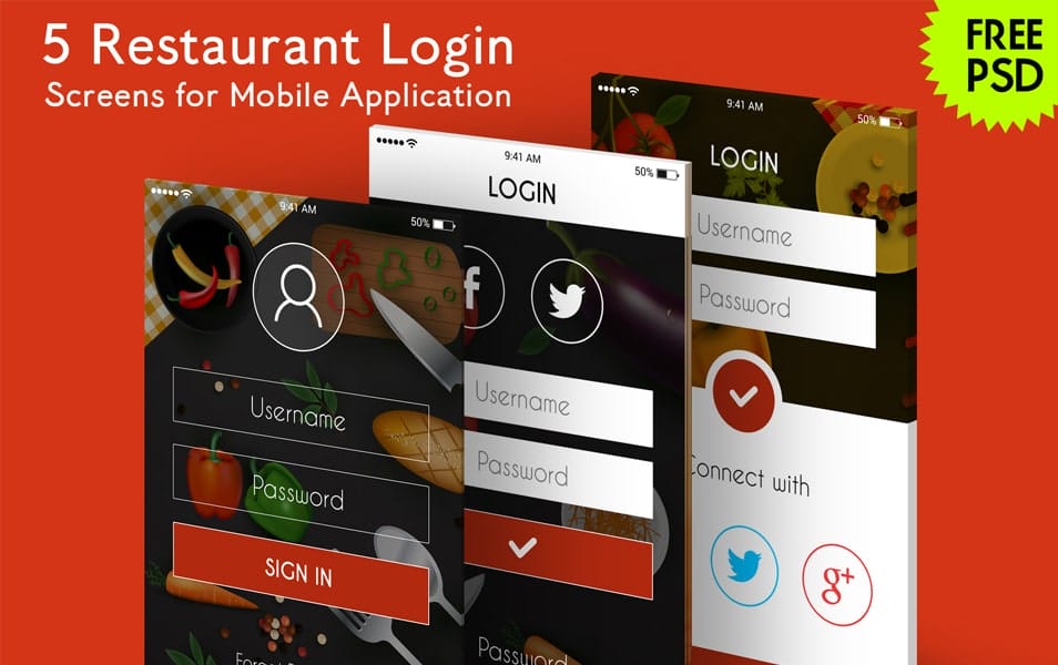 5 Restaurant Login Screens for Mobile App