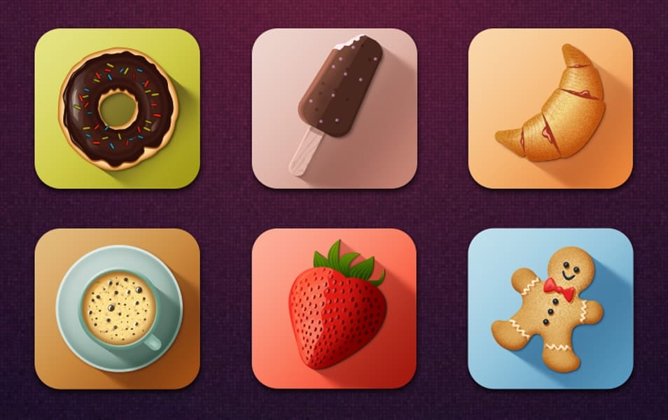 Colorful Long Shadow Tasty Food Icons PSD