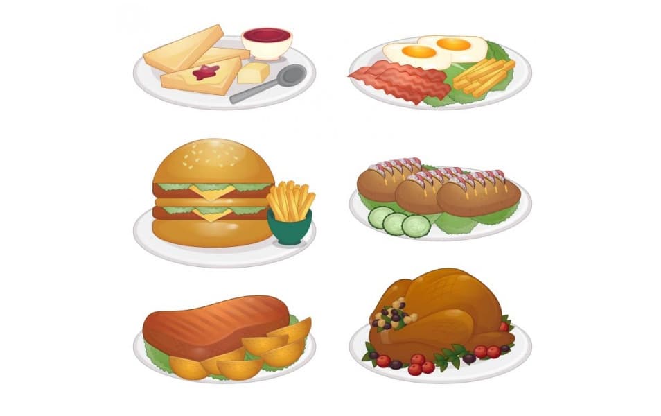 Plates of Food Illustrations Set