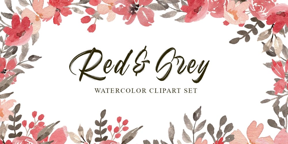 Red and Grey Flowers Watercolor Cliparts