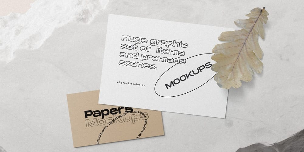 Paper Cards With Oak Leaf Mockup