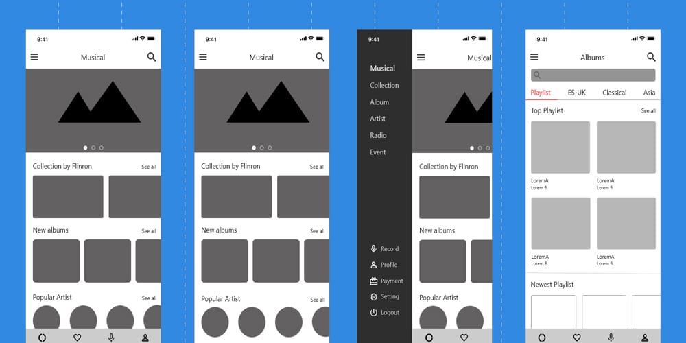 Free Music App Wireframe UX Kit 
