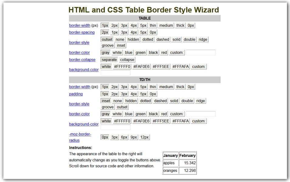 HTML and CSS Table Border Style Wizard