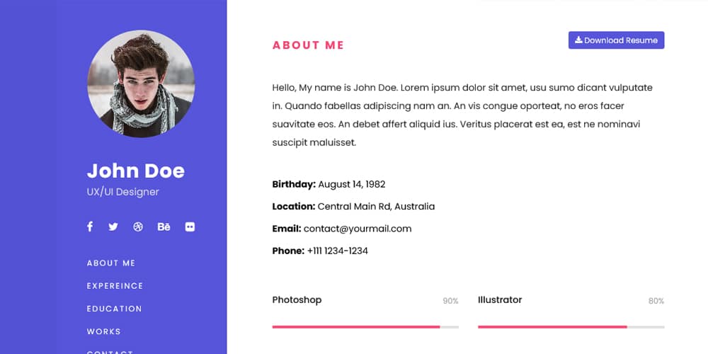 One Page Bootstrap Resume Template
