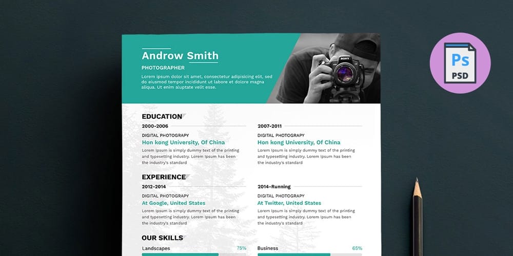 Photographer Resume Template PSD