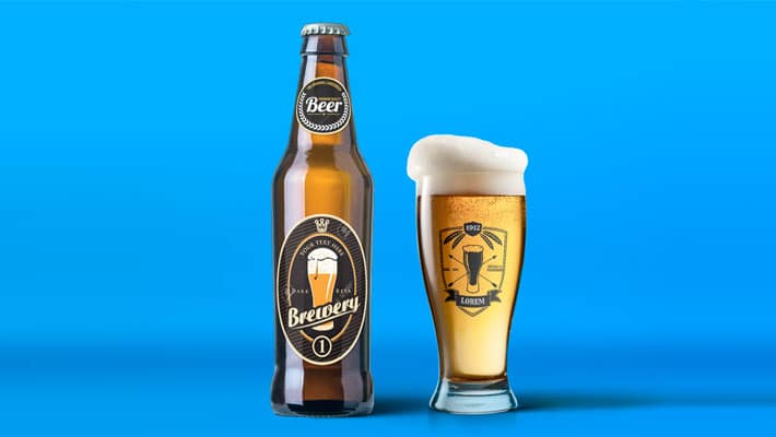 Beer Bottle and Glass Mockup Free PSD