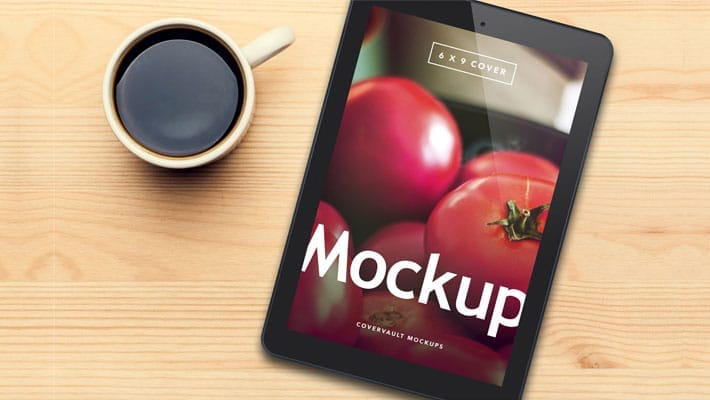 Black Tablet and Coffee PSD Mockup