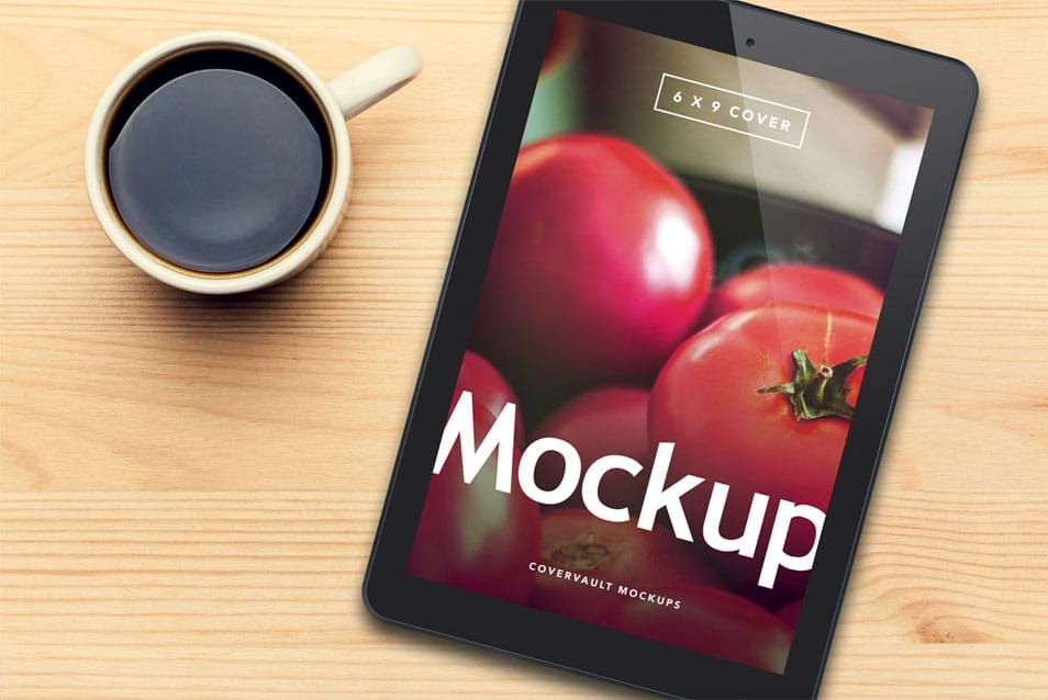 Black Tablet and Coffee PSD Mockup