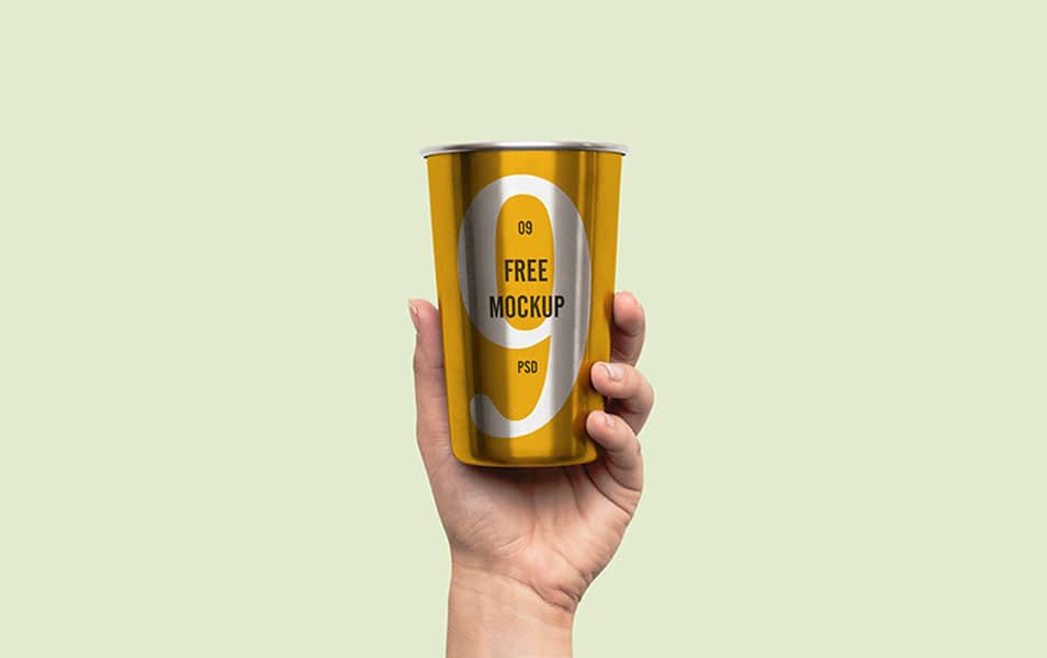 Hand Holding Metal Cup Mockup
