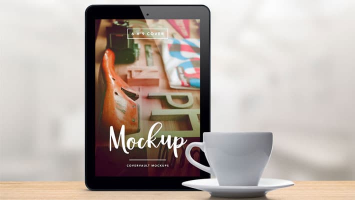Upright Tablet with Coffee Cup PSD Mockup