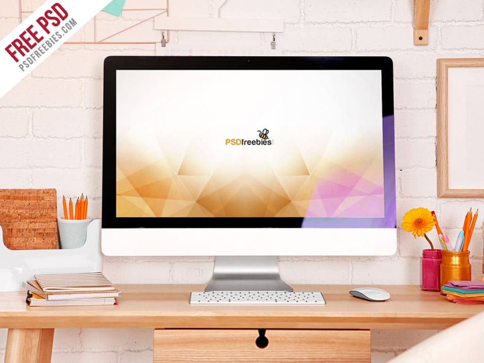 iMac Desktop Workspace Mockup Free PSD
