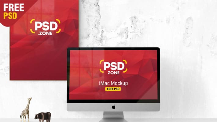 iMac with Wall Poster Mockup Free PSD