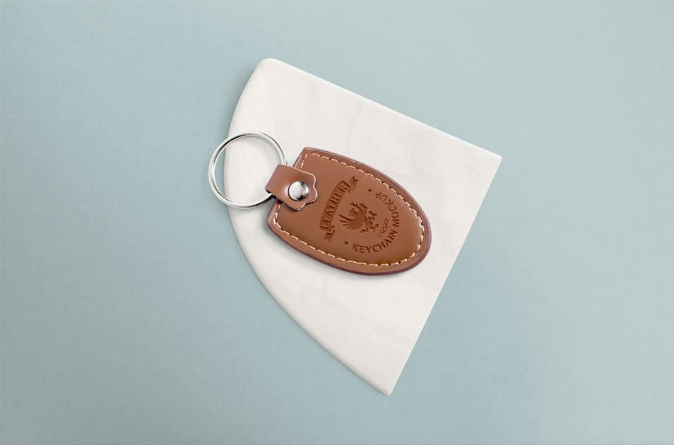 Free Leather Keychain Mockup with Changeable Marble Base