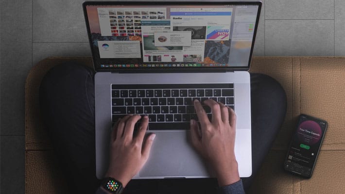 Apple Devices in Sofa Mockup PSD