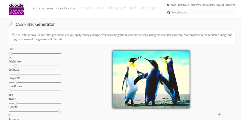 CSS Filter Generators & Libraries 13 Doodlenerd CSS Filter Generator
