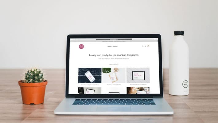 Macbook Mockup With Cactus on Wooden floor