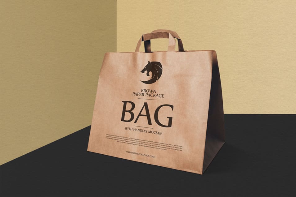 Free Brown Paper Package Bag With Handles Mockup