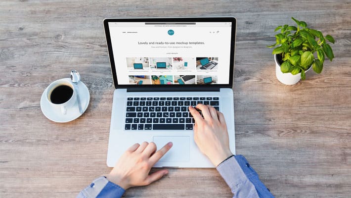 Macbook Mockup With Green Plant On Table