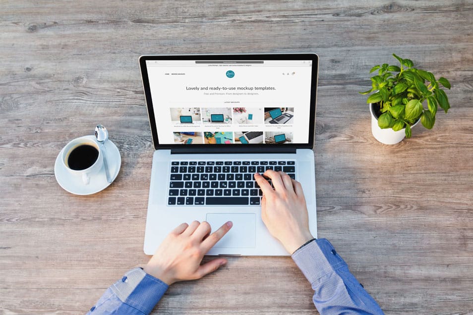 Macbook Mockup With Green Plant On Table
