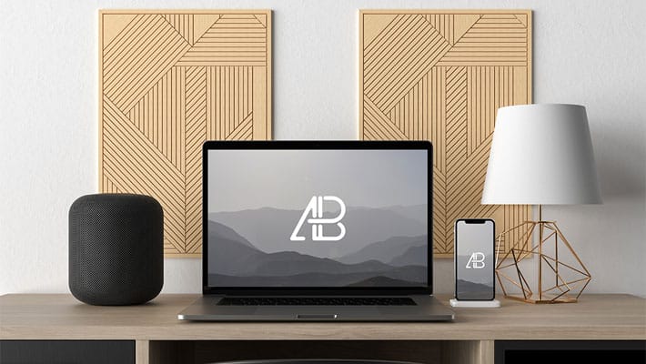 Modern Macbook Pro and iPhone X on Desk Mockup