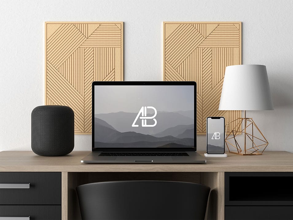 Modern Macbook Pro and iPhone X on Desk Mockup