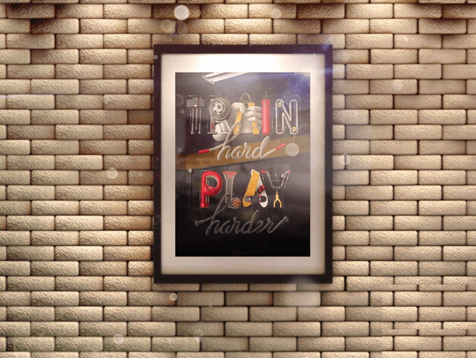 Poster in 3D Frame on Brick Wall Mock-up