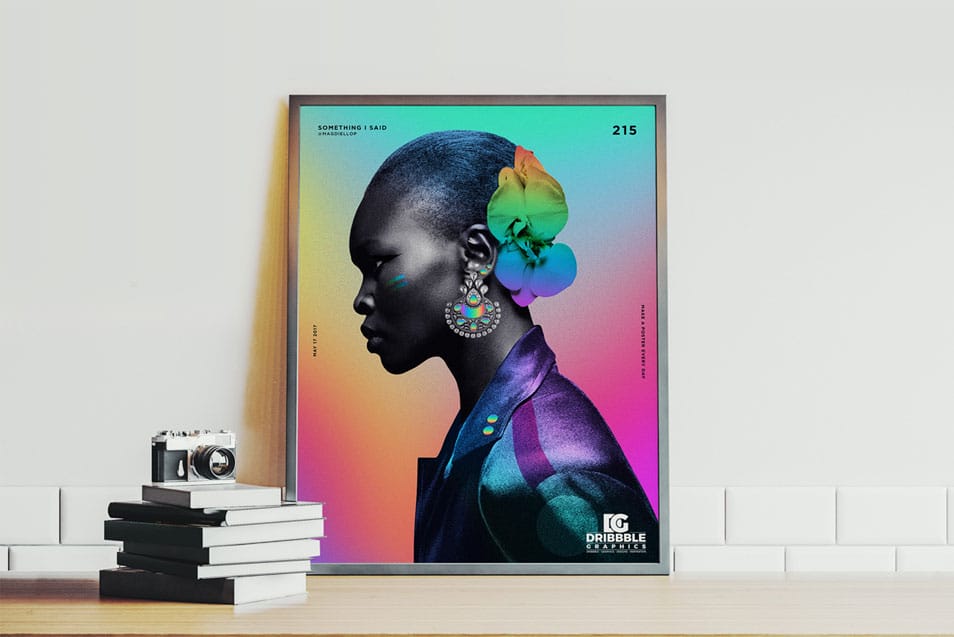 Free Indoor Poster on Wooden Table Mockup