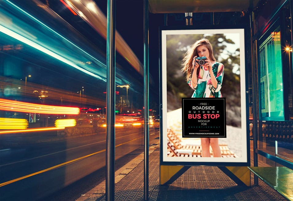 Free Roadside Outdoor Bus Stop Billboard MockUp For Advertisement