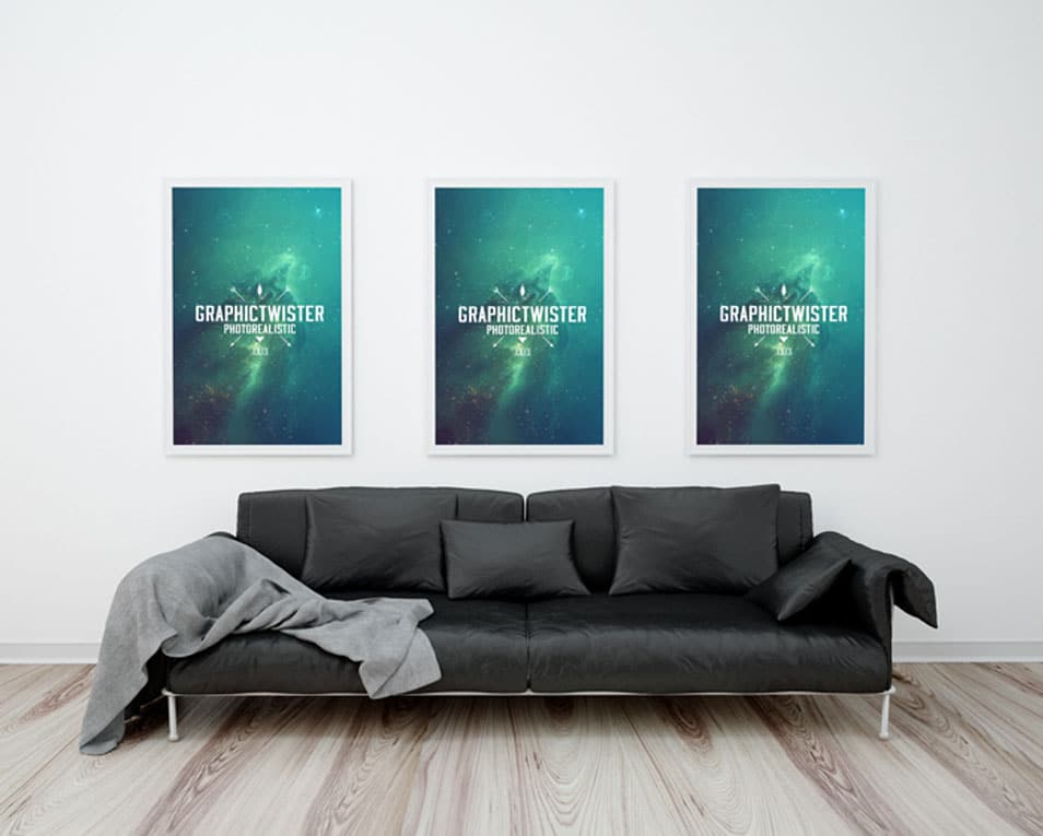 Triple Poster Frame With Sofa Mockup