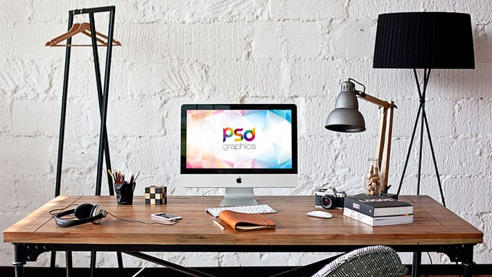 iMac in Home Office Mockup Free PSD