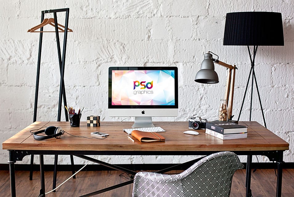 iMac in Home Office Mockup Free PSD