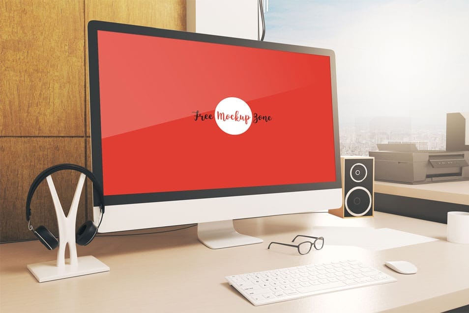 Free Designer Work Station Computer Screen MockUp PSD