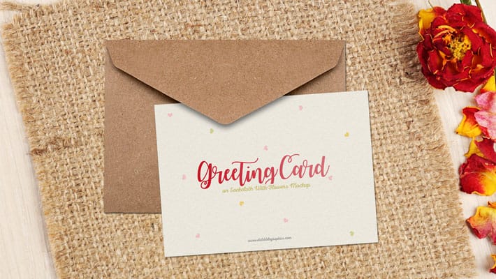 Free Greeting Card on Sackcloth With Flowers Mockup