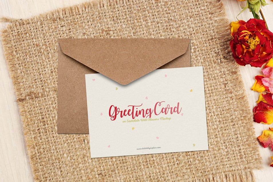 Free Greeting Card on Sackcloth With Flowers Mockup