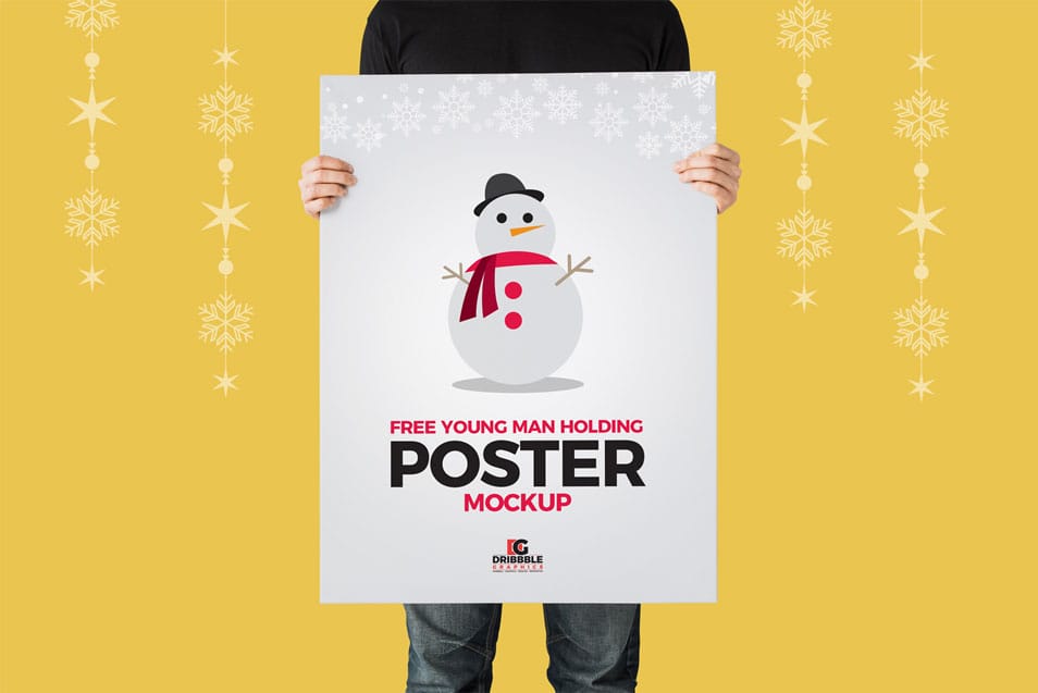 Free Young Man Holding Poster Mockup