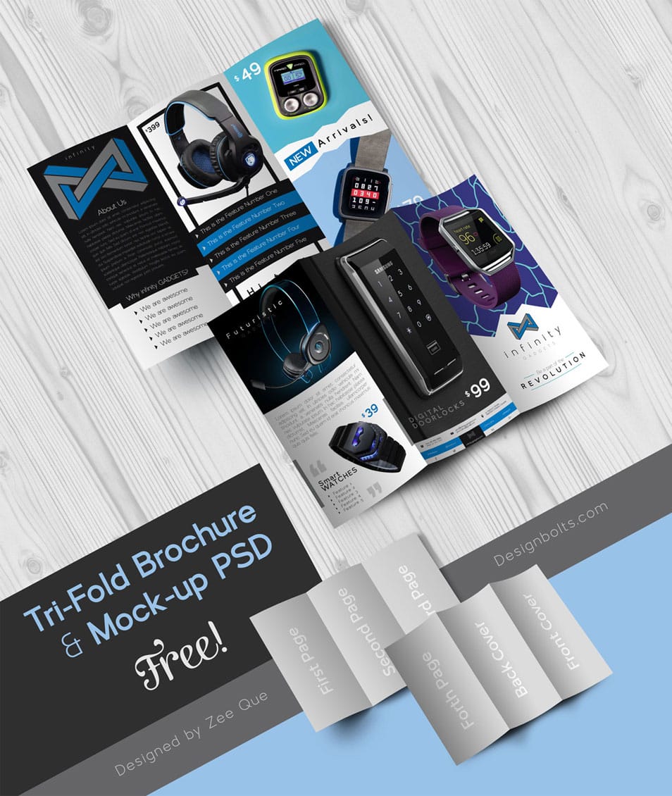 Free Tech Gadgets 3 Fold Brochure Design  Mock-up Template PSD