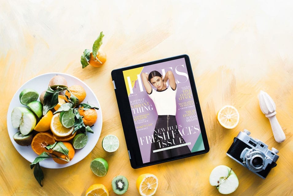 Samsung Chromebook Mockup With Fruits On Wooden Floor