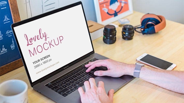 Space Gray Macbook Mockup On Photographers Desk