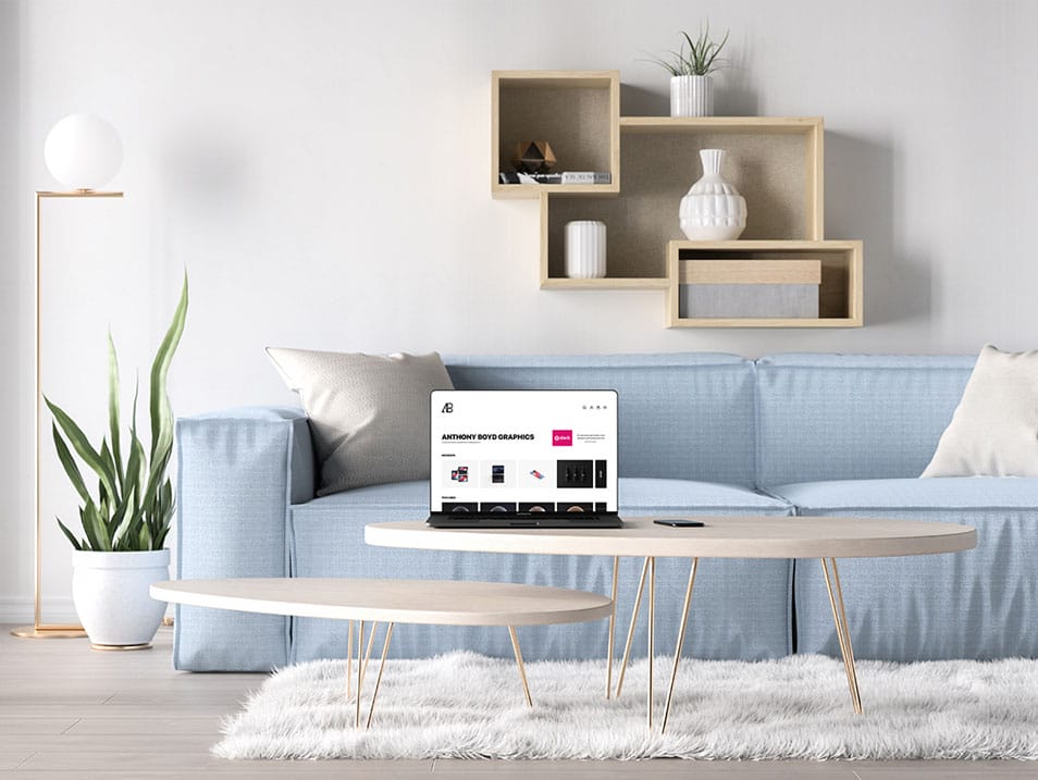 Bezel-Less MacBook Pro in Living Room Mockup
