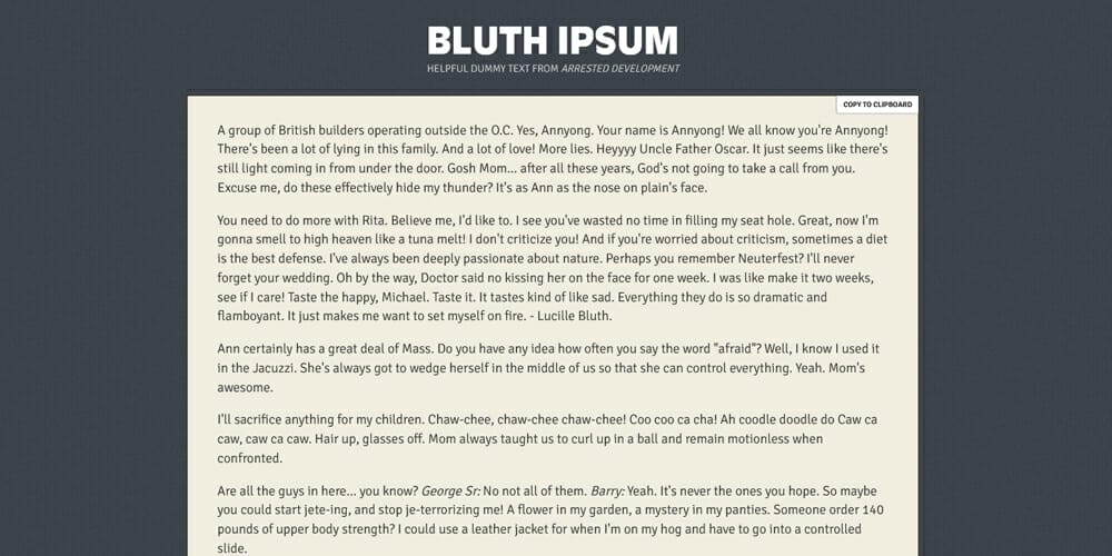 Dummy Text Generators and Tools 67 Bluth ipsum