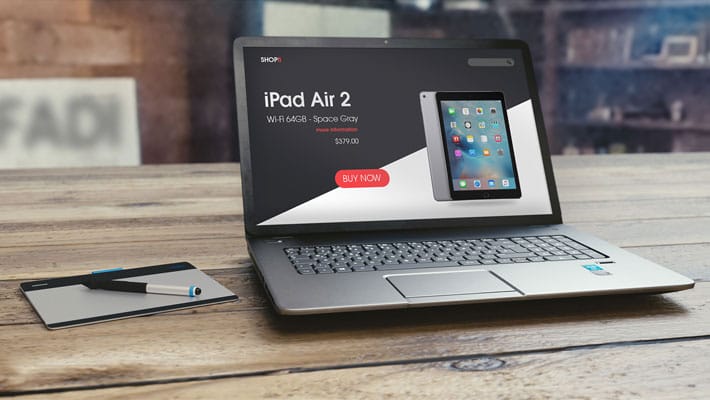 Free Laptop MockUp on Wooden Background