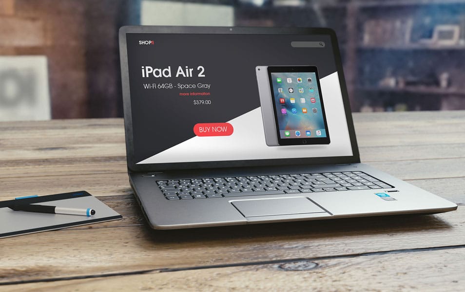 Free Laptop MockUp on Wooden Background