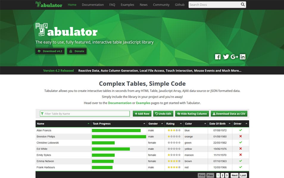 Tabulator - jQuery Table Plugins